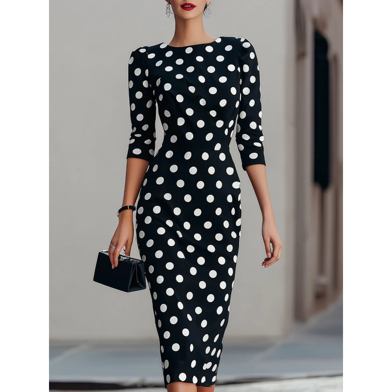 Color-Block Polka Dot Waist-Cinching Slim Fit Midi Dress