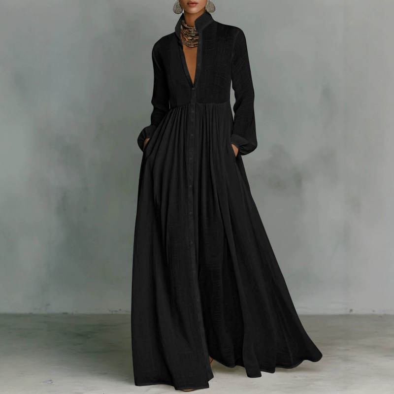 Textured Stand Collar Long Shirt Dress with Lantern Sleeves and Pockets
