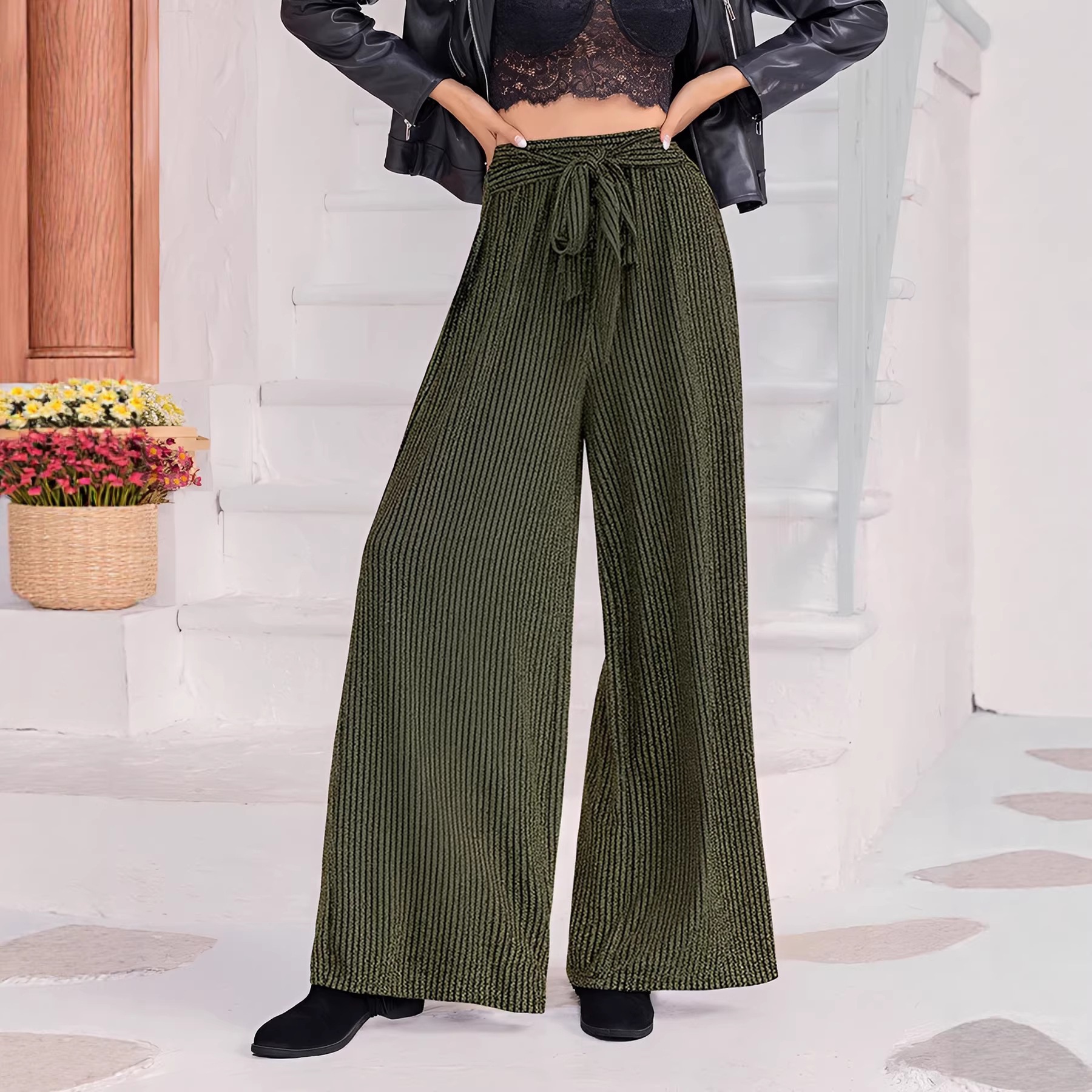 Bow High-Waist Wide-Leg Pants with Subtle Shimmer Vertical Texture