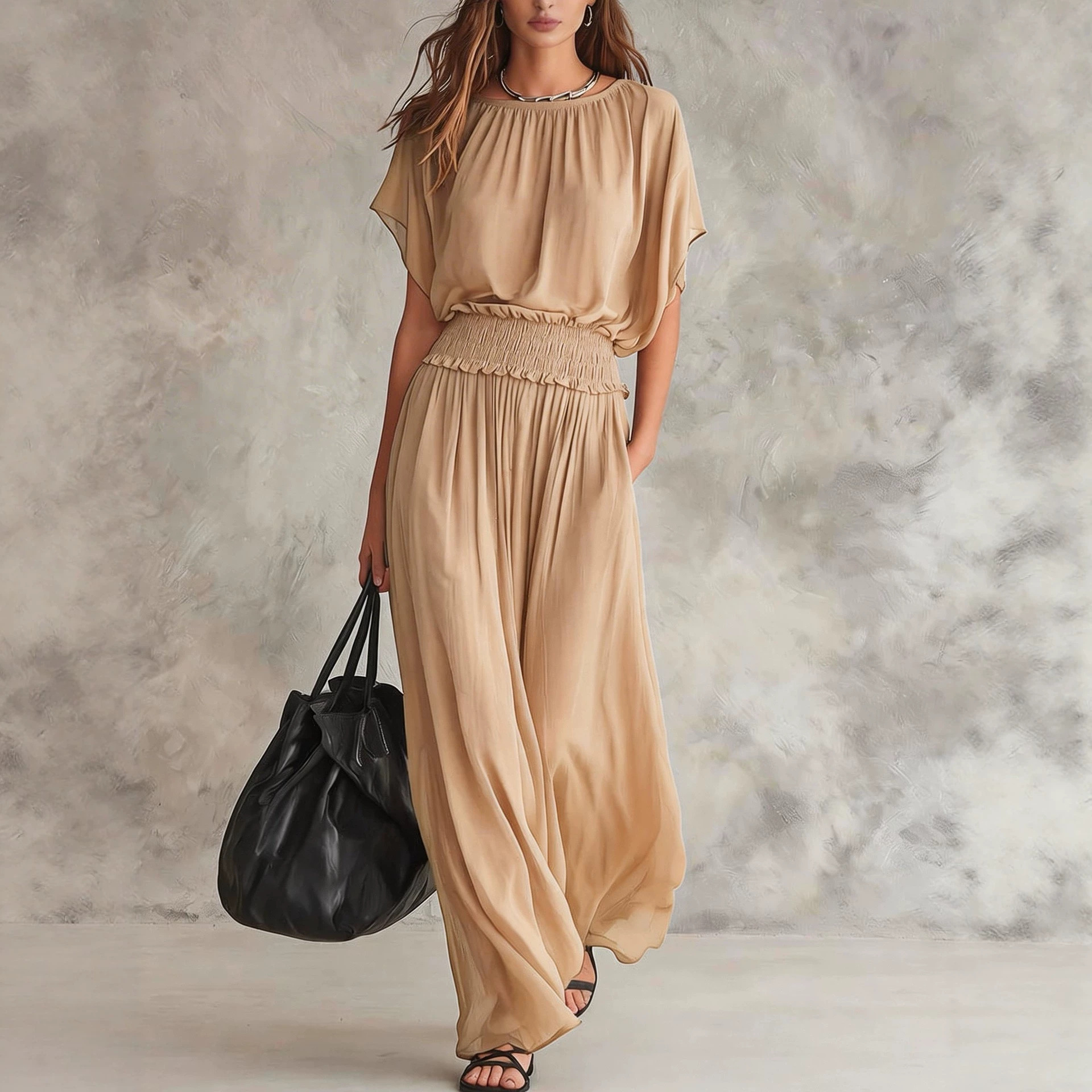 Chiffon Smocked Waist Long Dress
