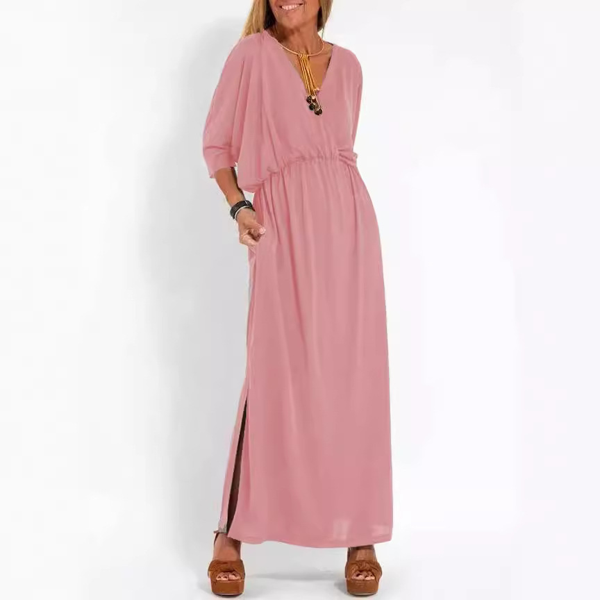 Women's High-Waist Slit Short-Sleeve Dress in Solid Colors
