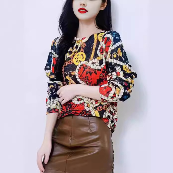Women's Vintage Chain Print Knit Pullover Sweater Long Sleeve Crew Neck Color Block