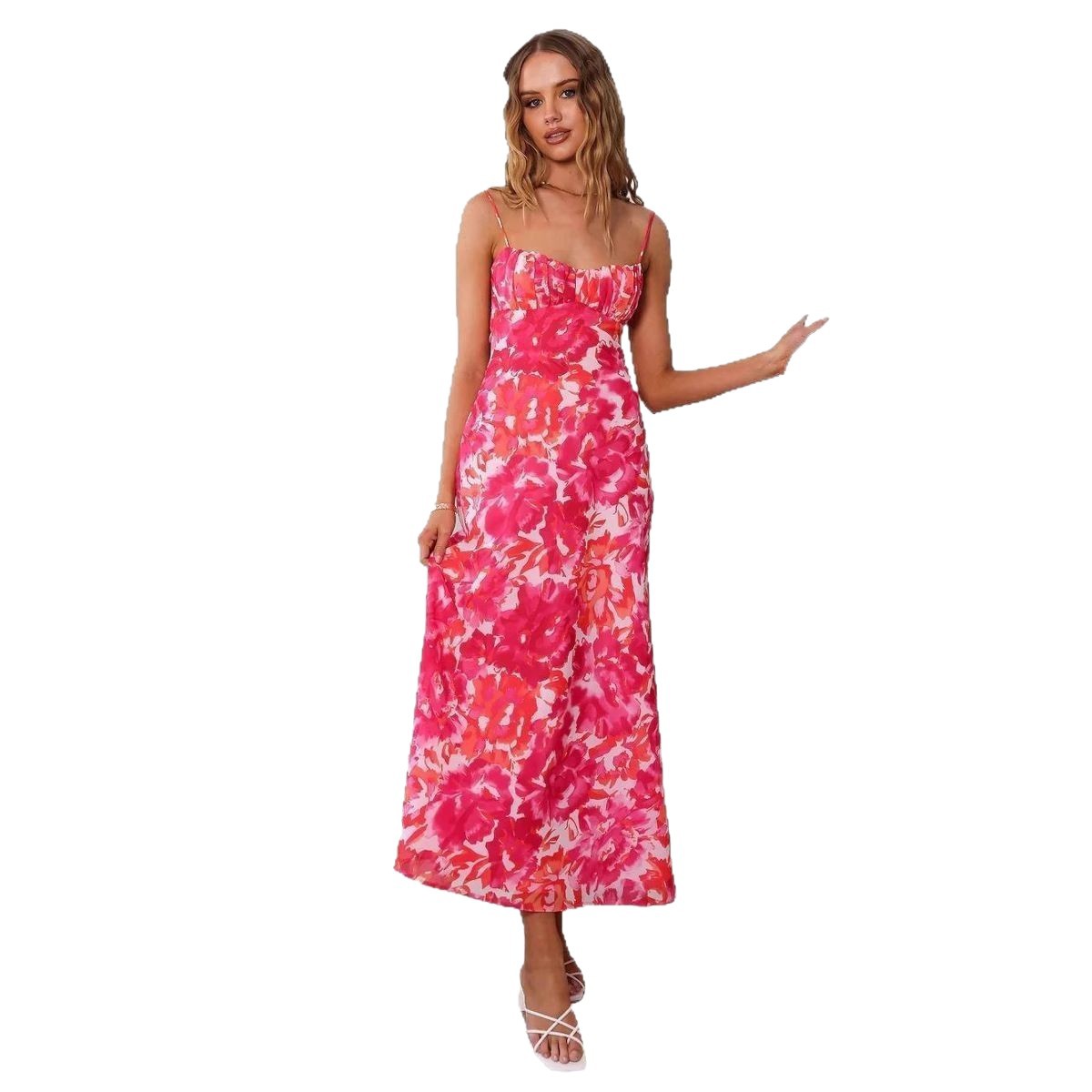 Women's Spaghetti Strap Low-Cut Bodycon Midi Dress with Open Back