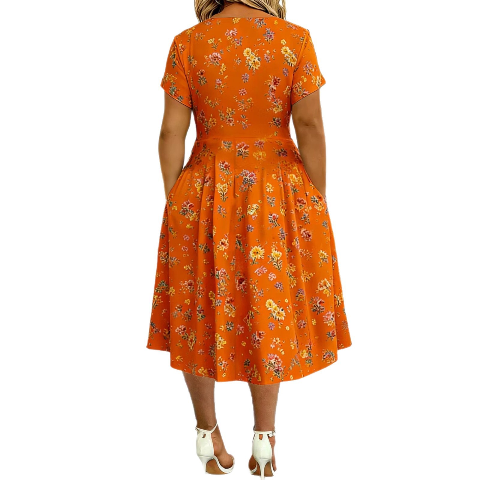 Women's V-Neck Floral Print High Waist Short Sleeve A-Line Dress