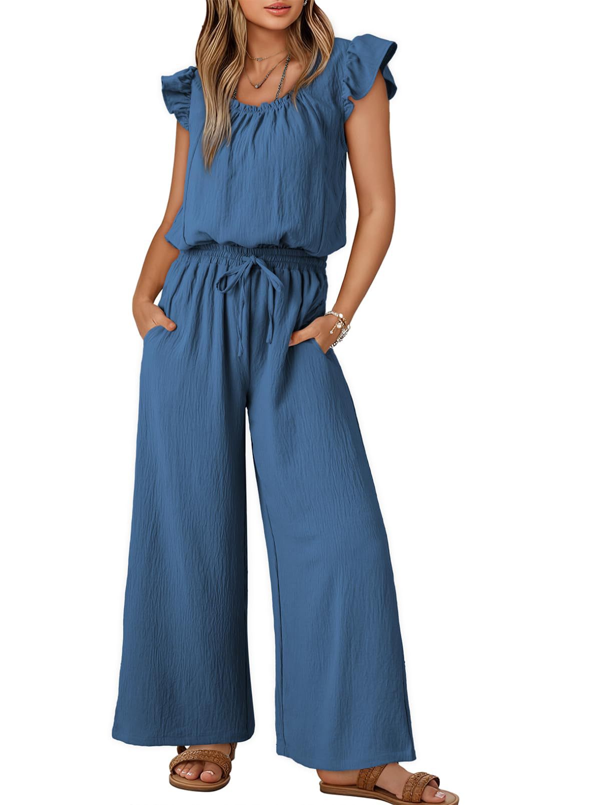 Women's Square Neck Sleeveless Ruched Jumpsuit with Pockets and Ruffle Sleeves