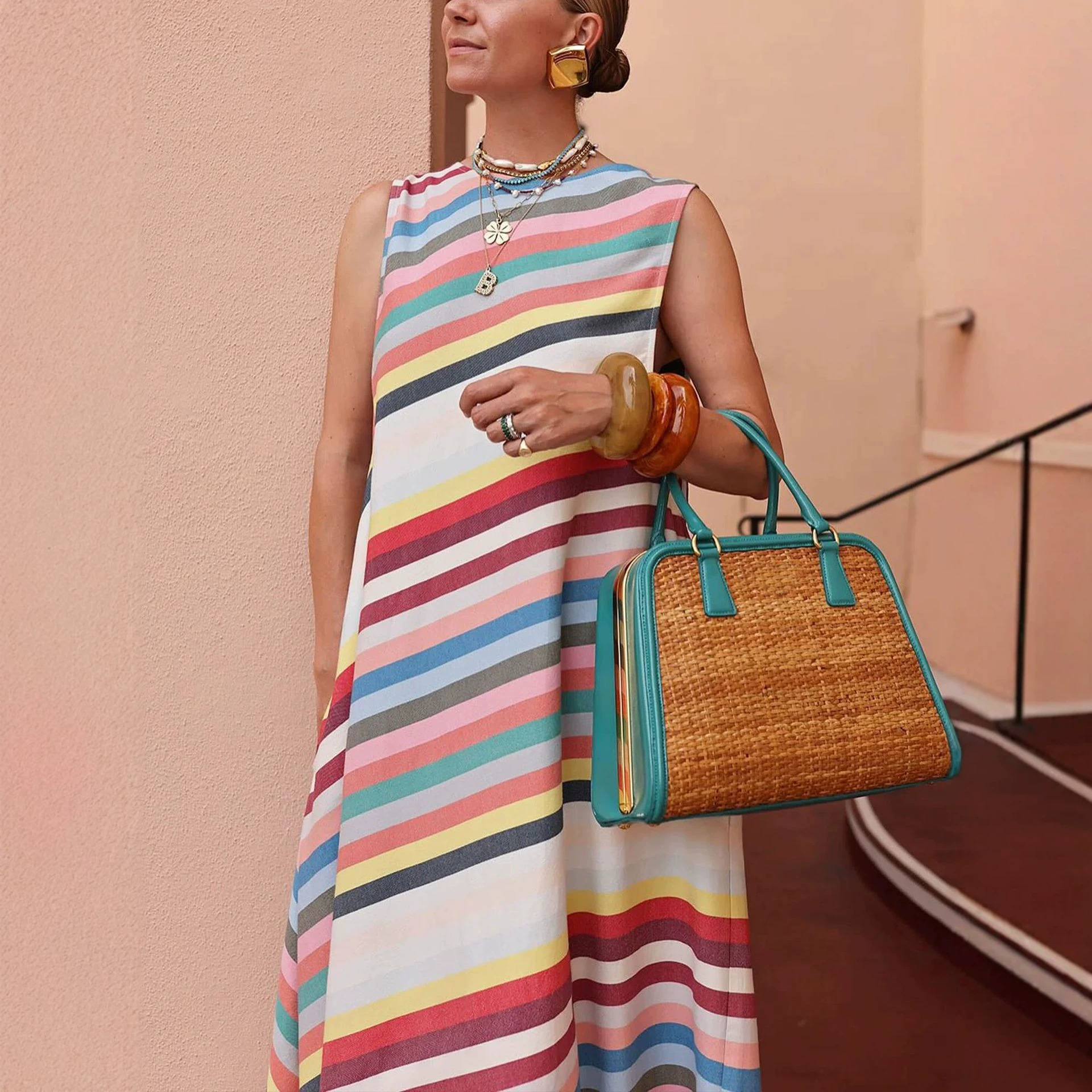 Striped Print Round Neck Long Dress