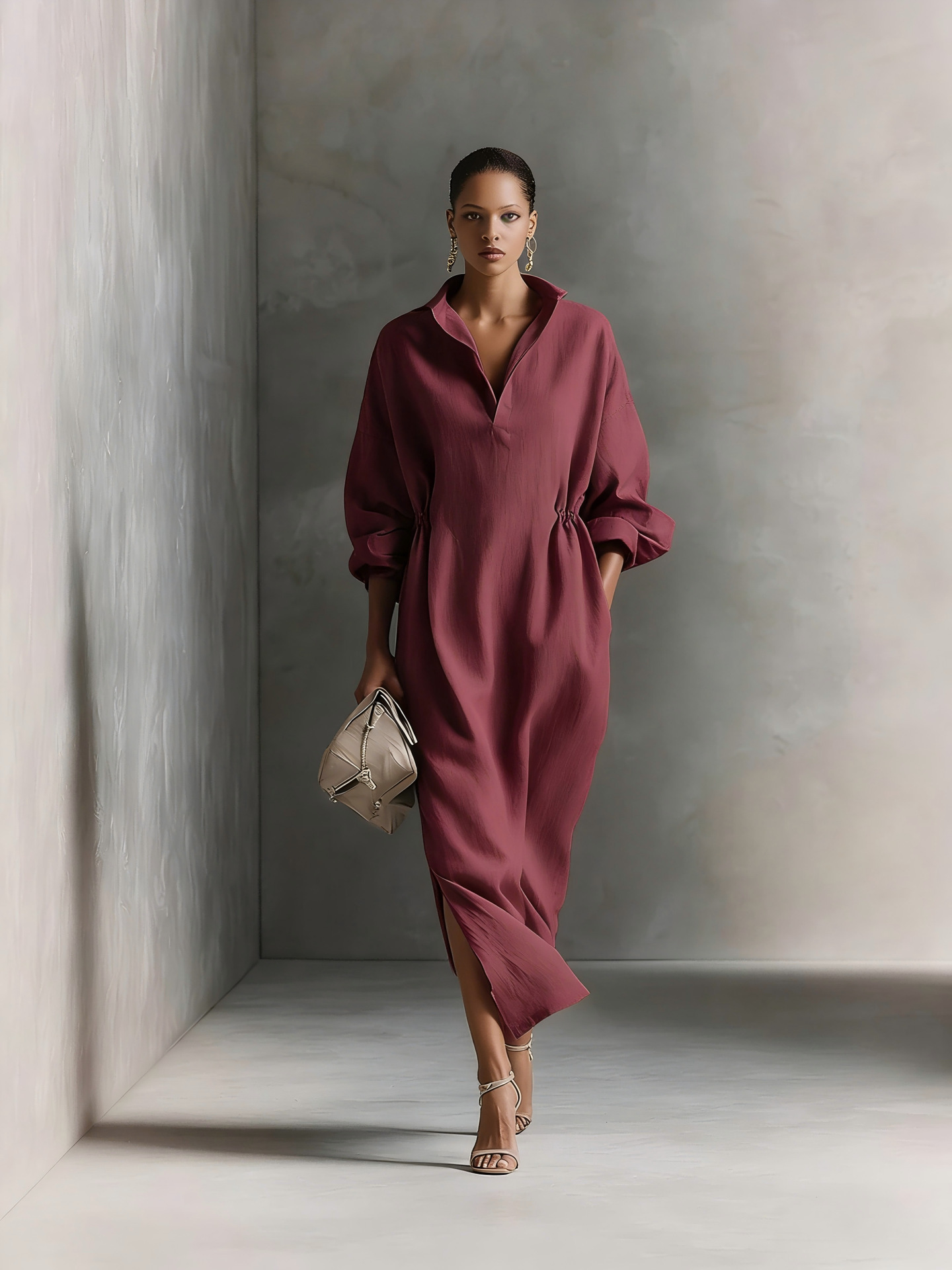 Elegant Long Sleeve V-Neck Slit A-Line Maxi Dress