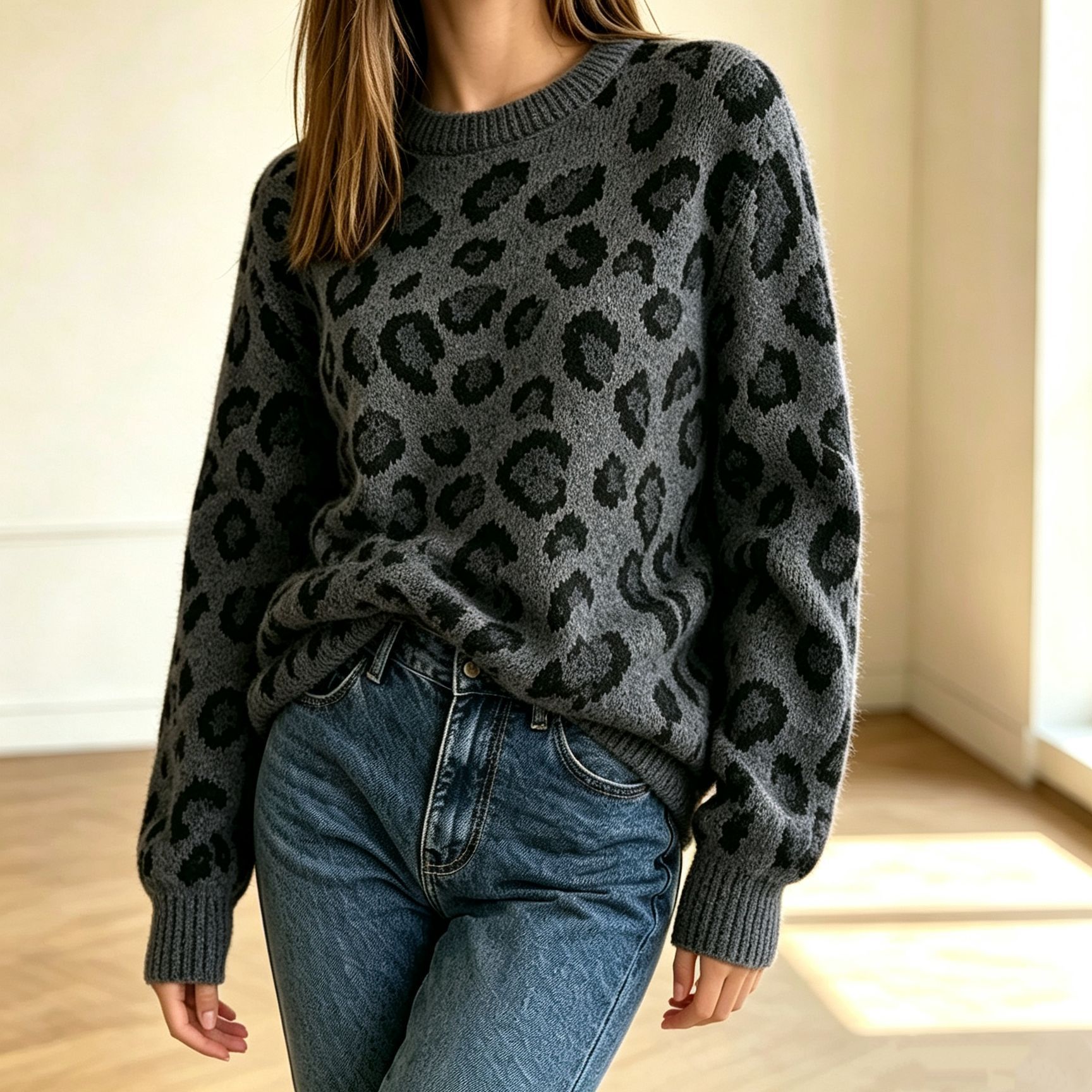 Leopard Print Crewneck Pullover Sweater Women's Colorblock Knit Top