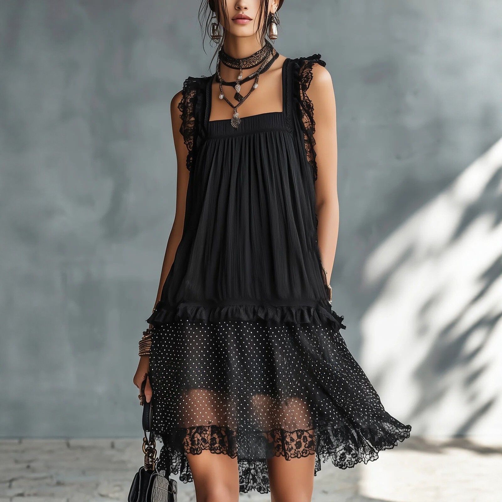 Sleeveless Black Lace Panel Dress Round Neck A-Line Midi