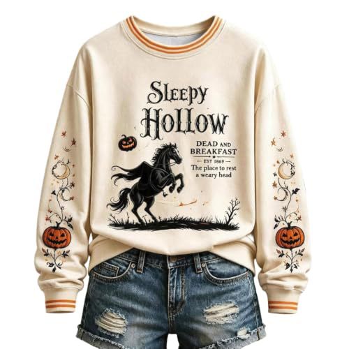 Halloween Witch Castle Print Crewneck Long Sleeve Pullover Sweatshirt