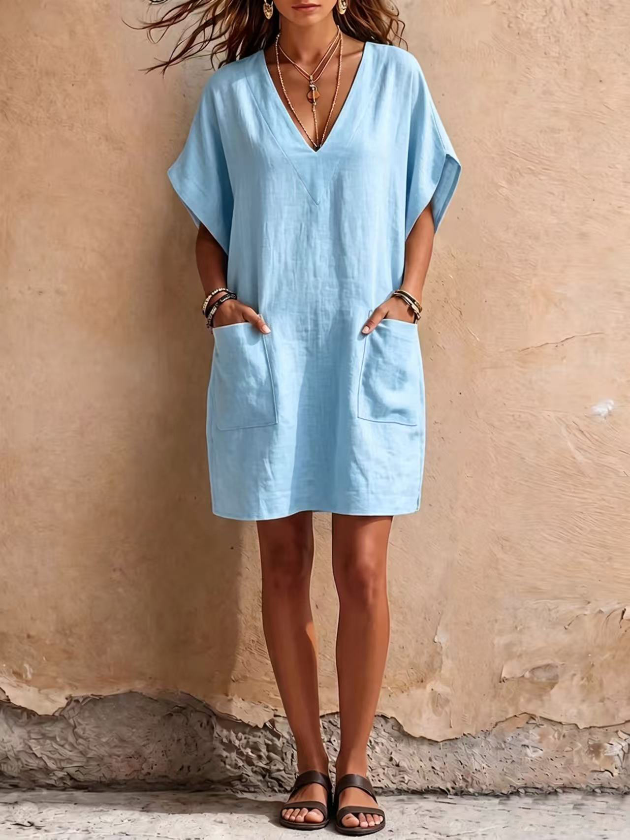 V-Neck Loose Pocket Midi Dress