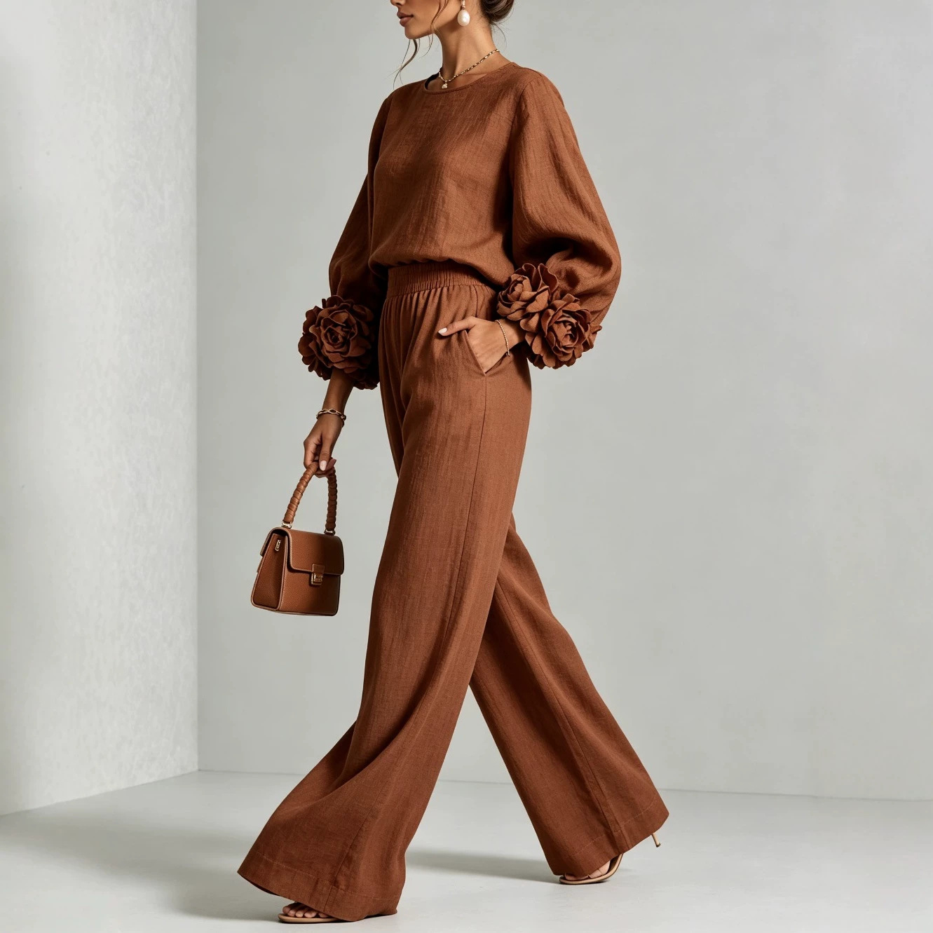 Floral Cuff Top and Wide-Leg Pants Set