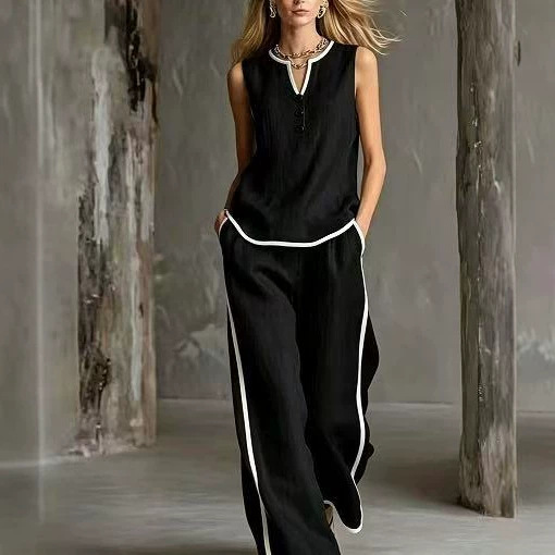 Sleeveless V-Neck Colorblock Wide-Leg Pant Set