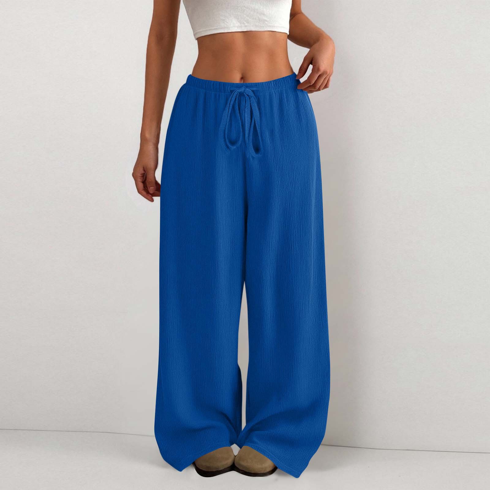 Women's Solid Crinkle Wide-Leg Pants with Drawstring Waist