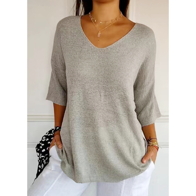 Women's V-Neck Solid Knit Top Slimming Casual Pullover