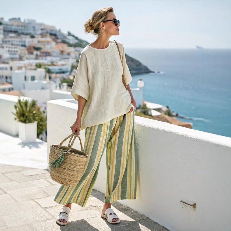 Bohemian Print Crewneck Short Sleeve Top and Pants Casual Set