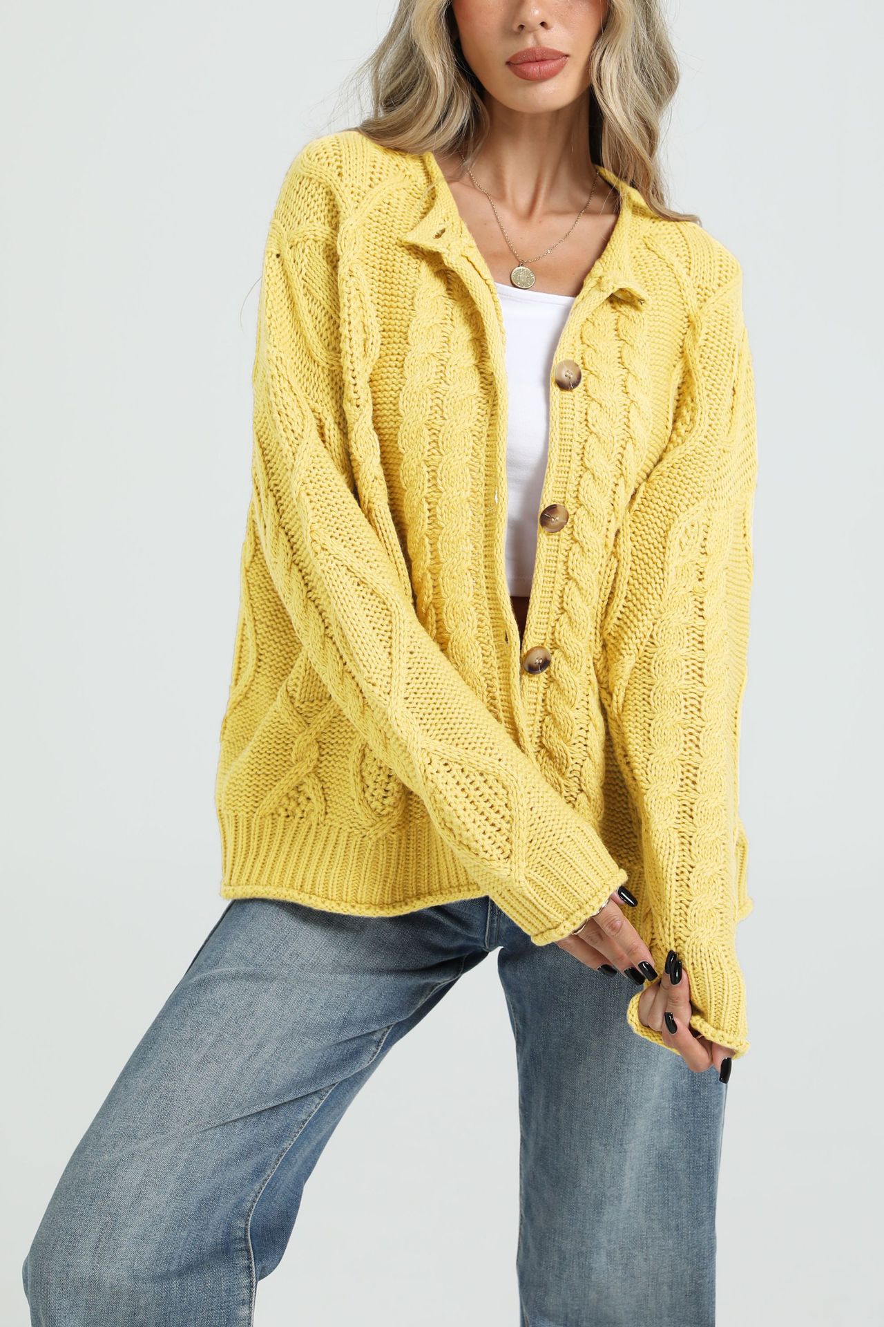 Women's Cable-Knit Cardigan Sweater Loose Fit Button-Up