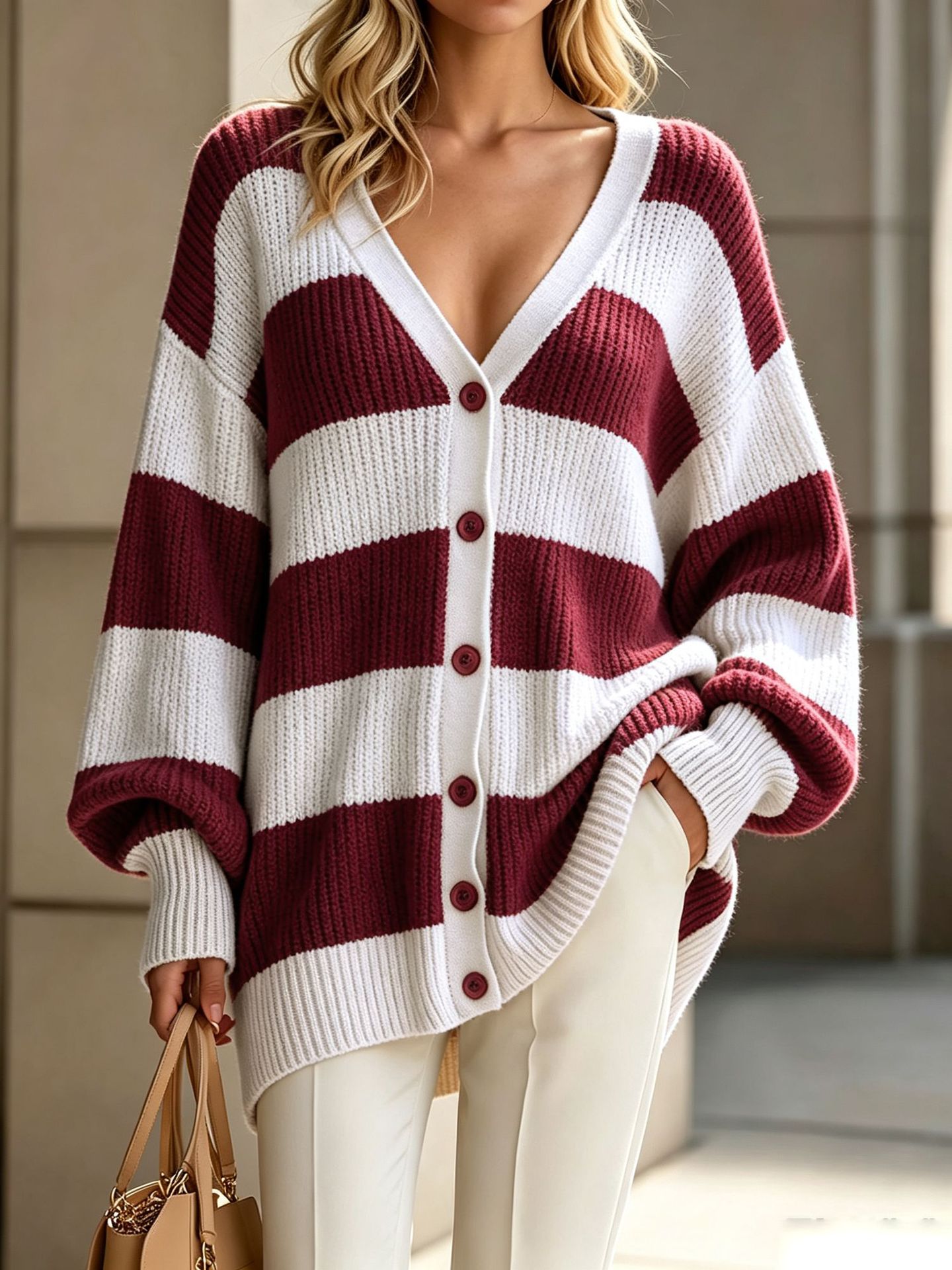 Women's Striped Knit Button-Front Cardigan Sweater