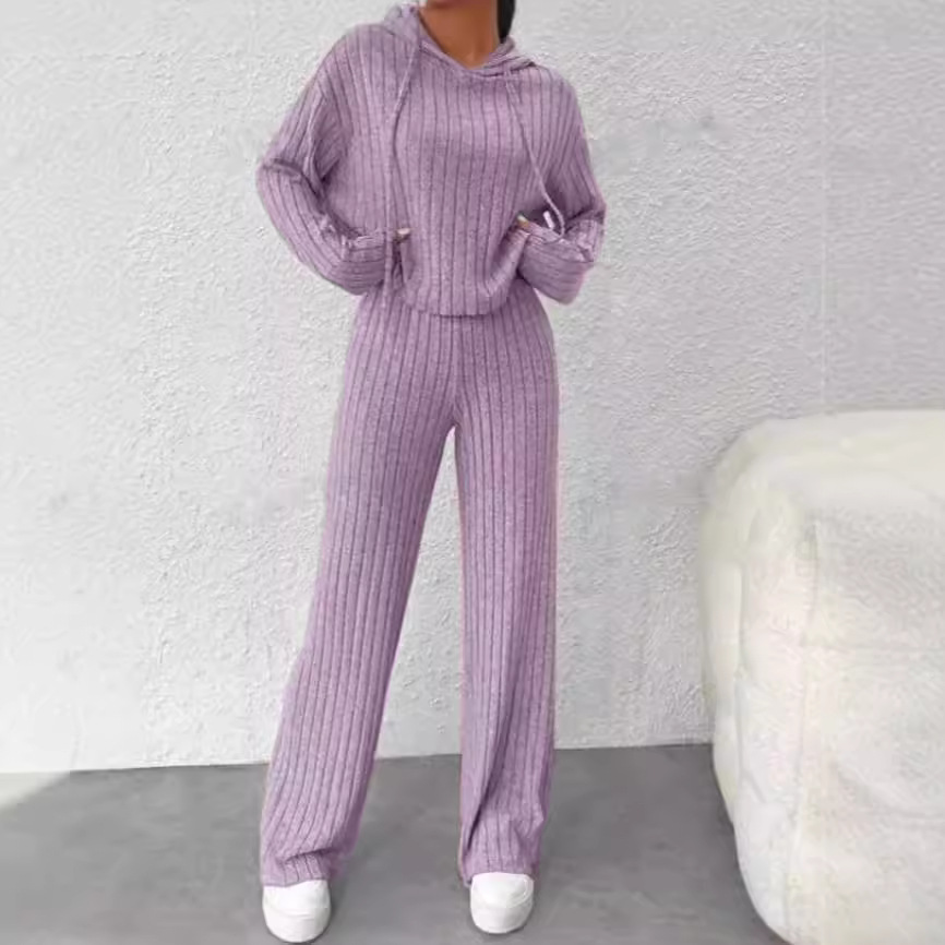 Striped Hooded Knit Sweatsuit Set Long Sleeve Top & Pants Relaxed Fit