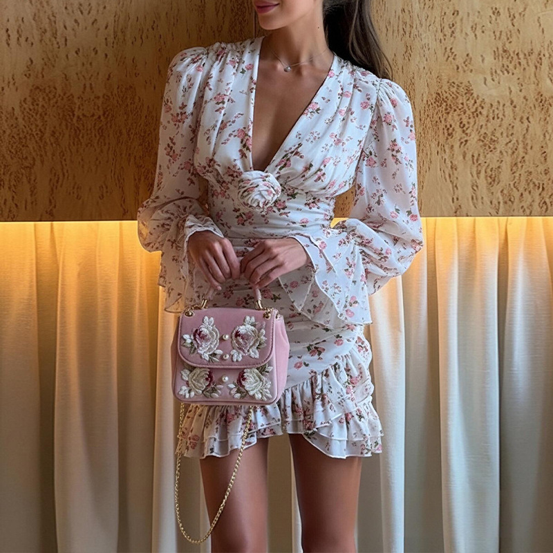 Women's Floral Print Long Sleeve A-Line Short Dress