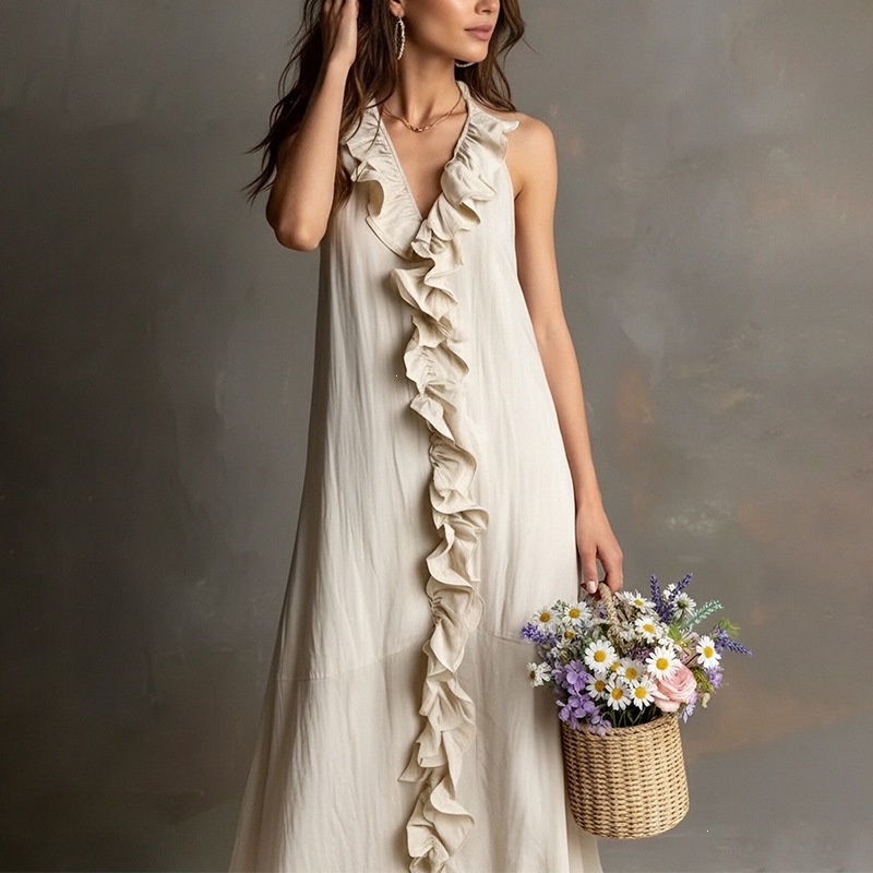 Beach Vacation Dress Women's Summer V-Neck Ruffle Maxi Dress