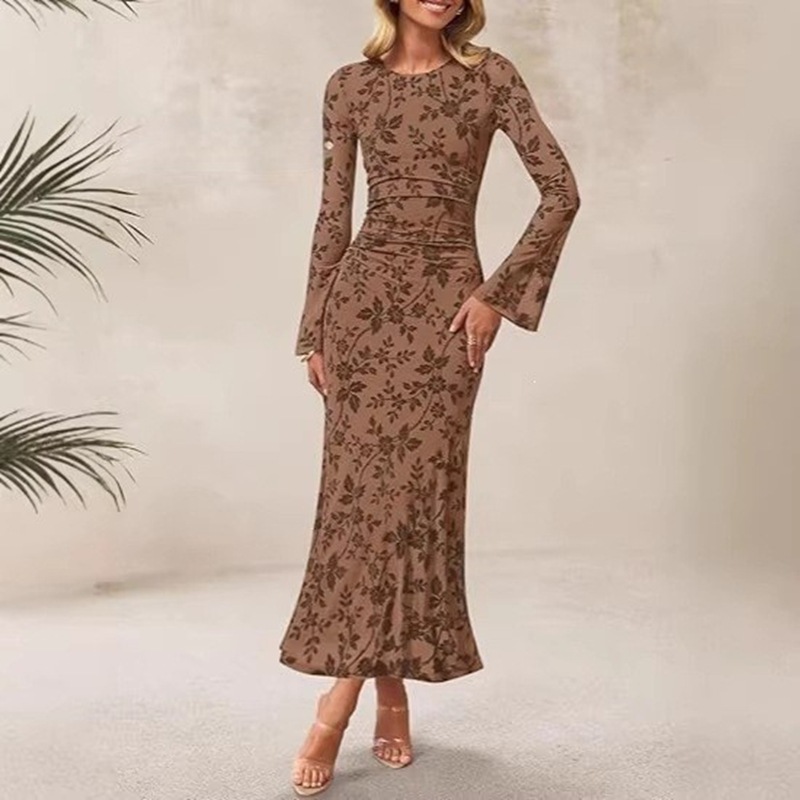 Women's Printed Mesh Bodycon Midi Dress Slim Fit High Waist Long Sleeve
