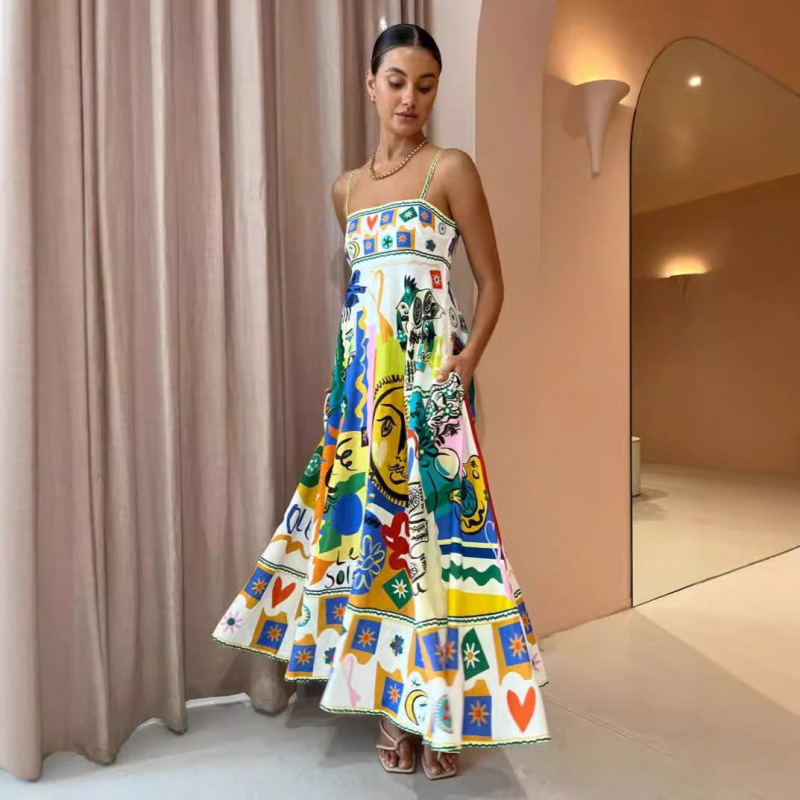 Women's Sleeveless Printed Linen Maxi Dress with Flowy Skirt