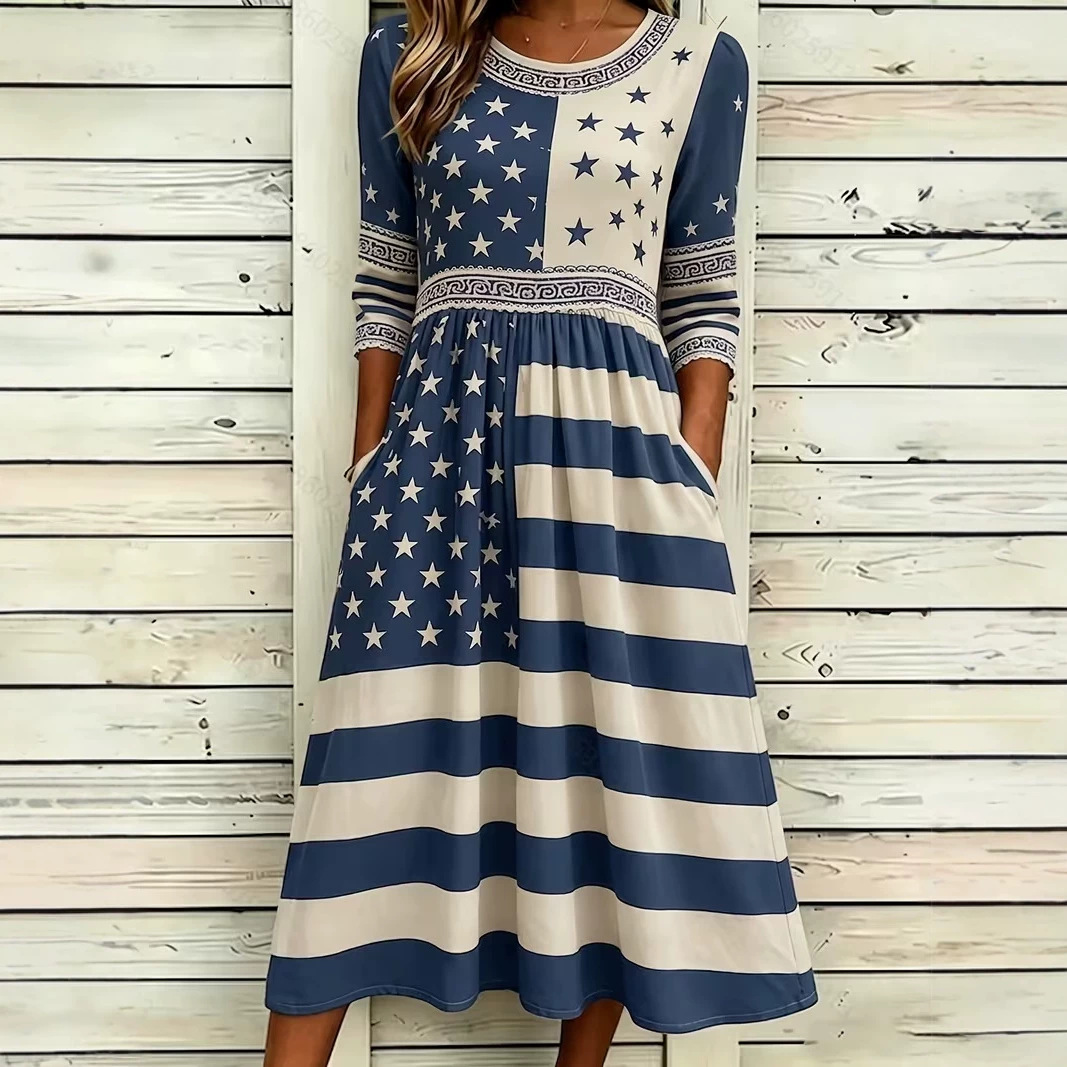 Women's Colorblock Plaid Star Print Ruched Midi Dress