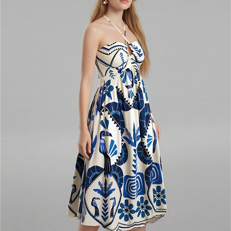 Women's Halter Neck Printed High Waist Midi Dress
