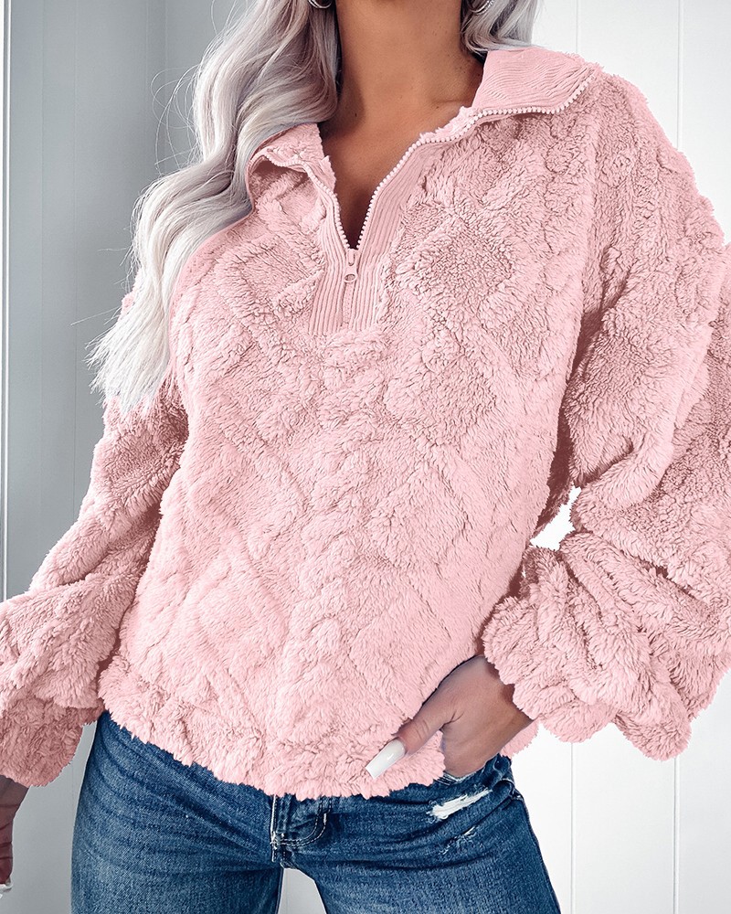Women's Solid Color Fuzzy Pullover Top with Lantern Sleeves