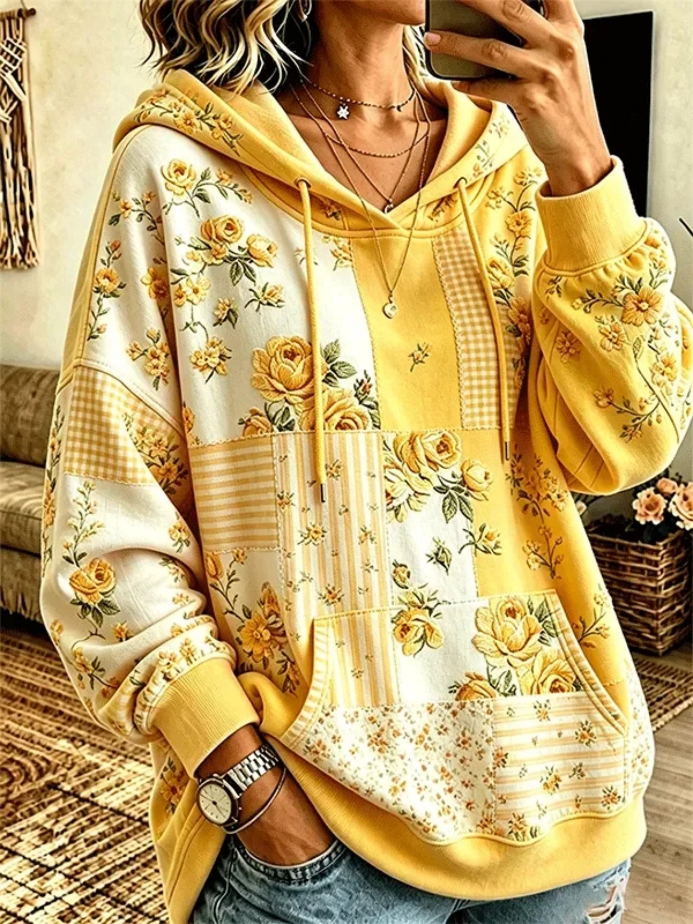 Retro Floral Plaid 3D Print Hoodie Loose Casual Top