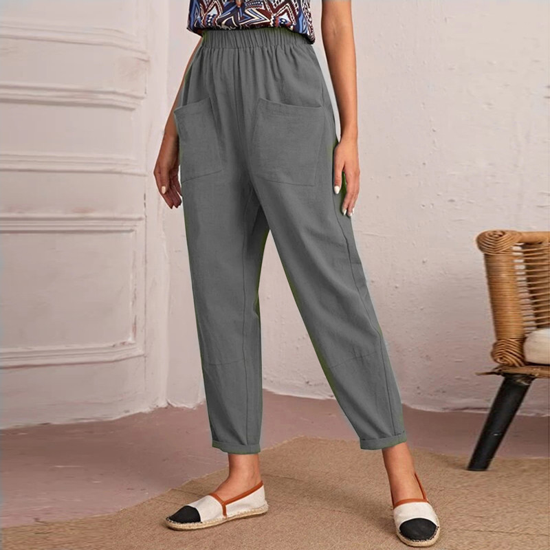 Women's All-Season Cotton-Blend Cropped Pants with Elastic Waist and Slant Pockets
