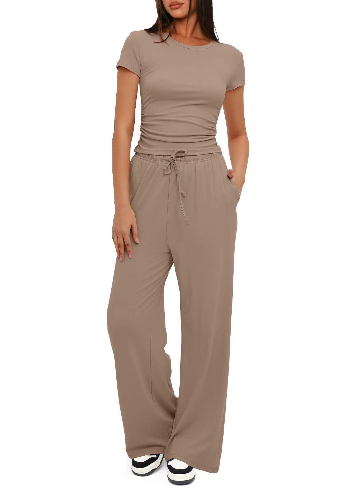 Solid Ruched Short Sleeve Top and High Waist Wide Leg Pants Set