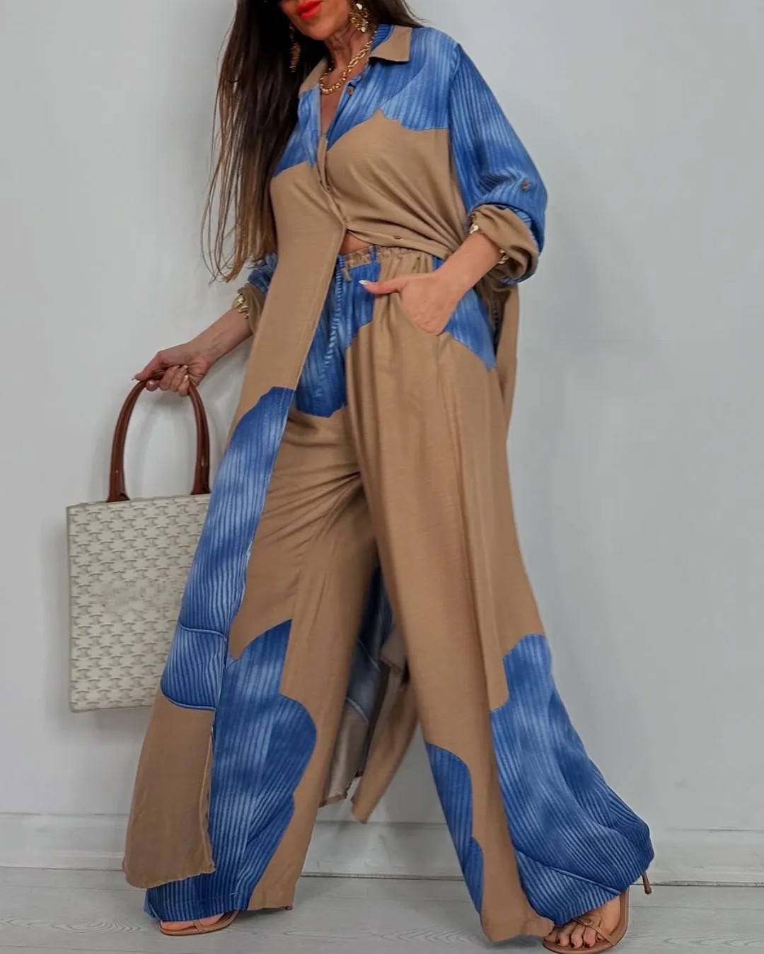 Women's Colorblock Loose Shirt and Pants Two-Piece Set