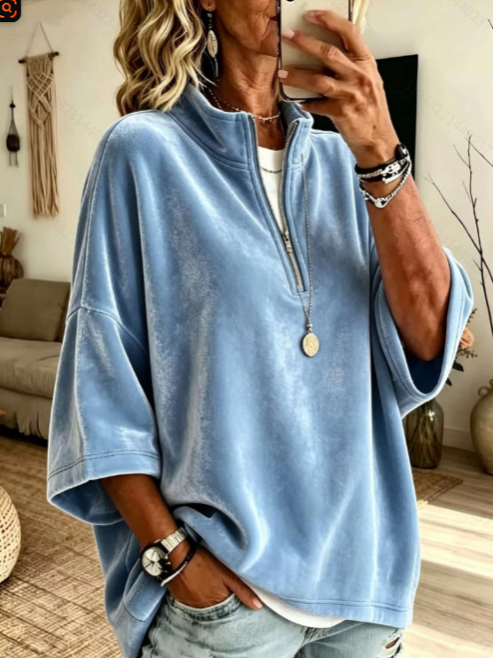 Women's Loose Half-Zip Suede-Feel 3/4 Sleeve Sweatshirt Solid Color Casual Top