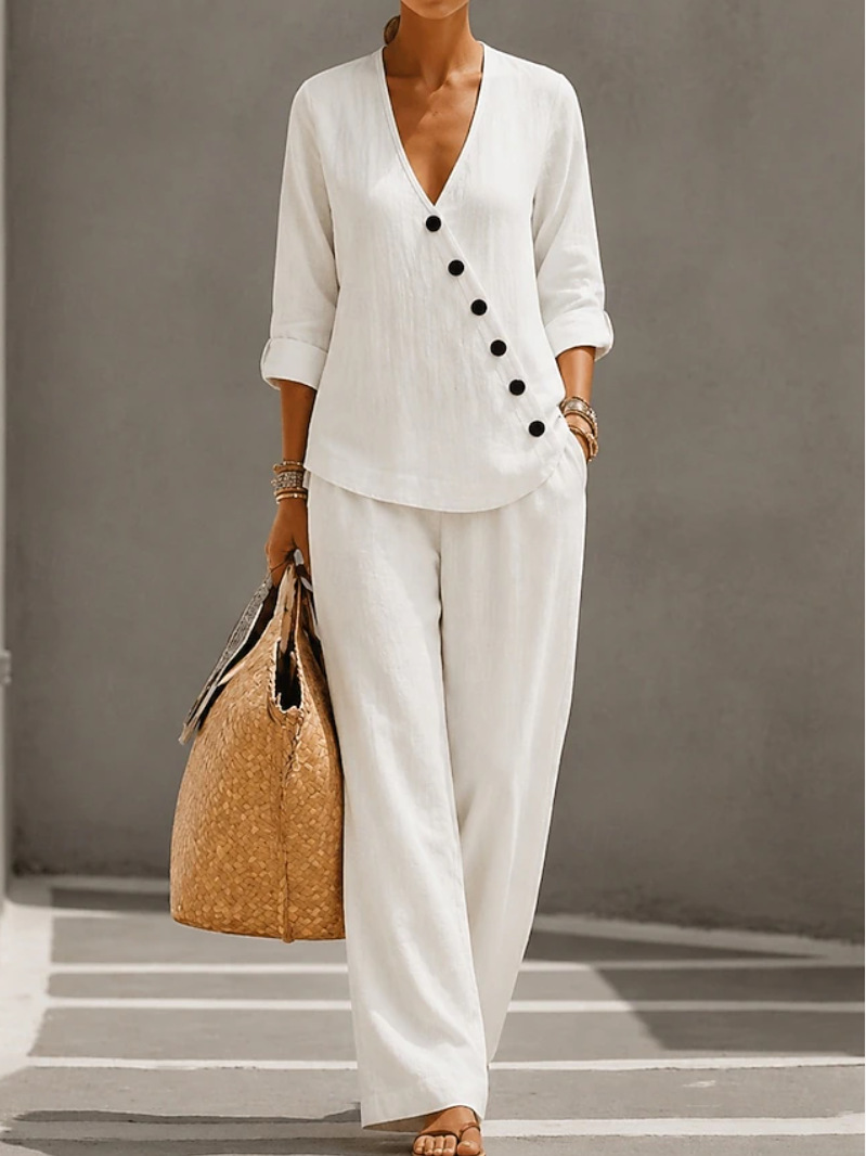 Women's Solid Color Button Top and Straight-Leg Pants Set