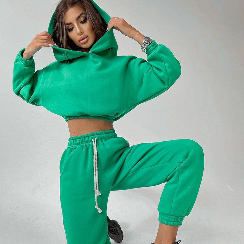 Women's Long Sleeve Hooded Crop Hoodie and Lace-Up Sweatpants Set