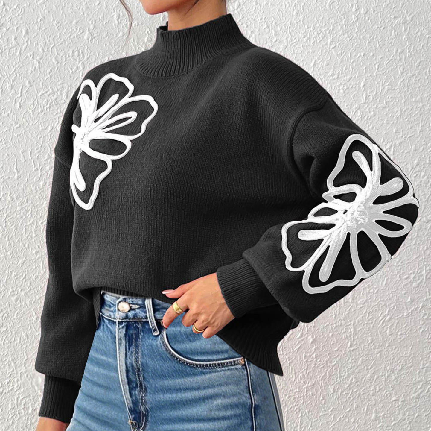 Women's 3D Ribbon Embroidered Floral Mock Neck Lantern Sleeve Pullover Sweater