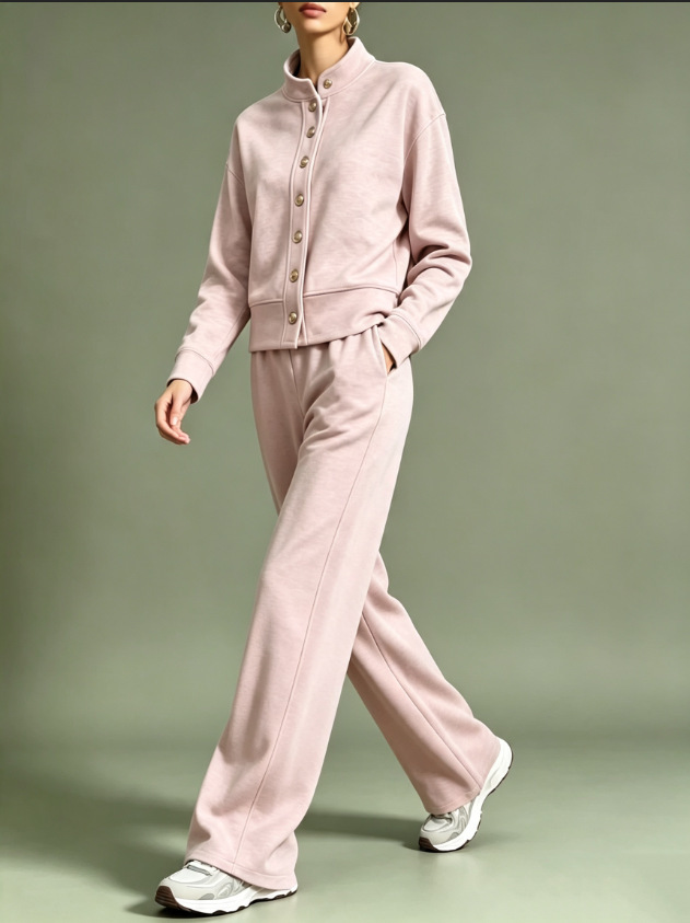 Women's Solid Color Stand Collar Cardigan Hoodie & Wide-Leg Pants Set
