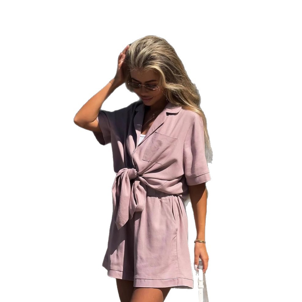 Women's Collared Tie-Front Short Sleeve Shorts Casual Set