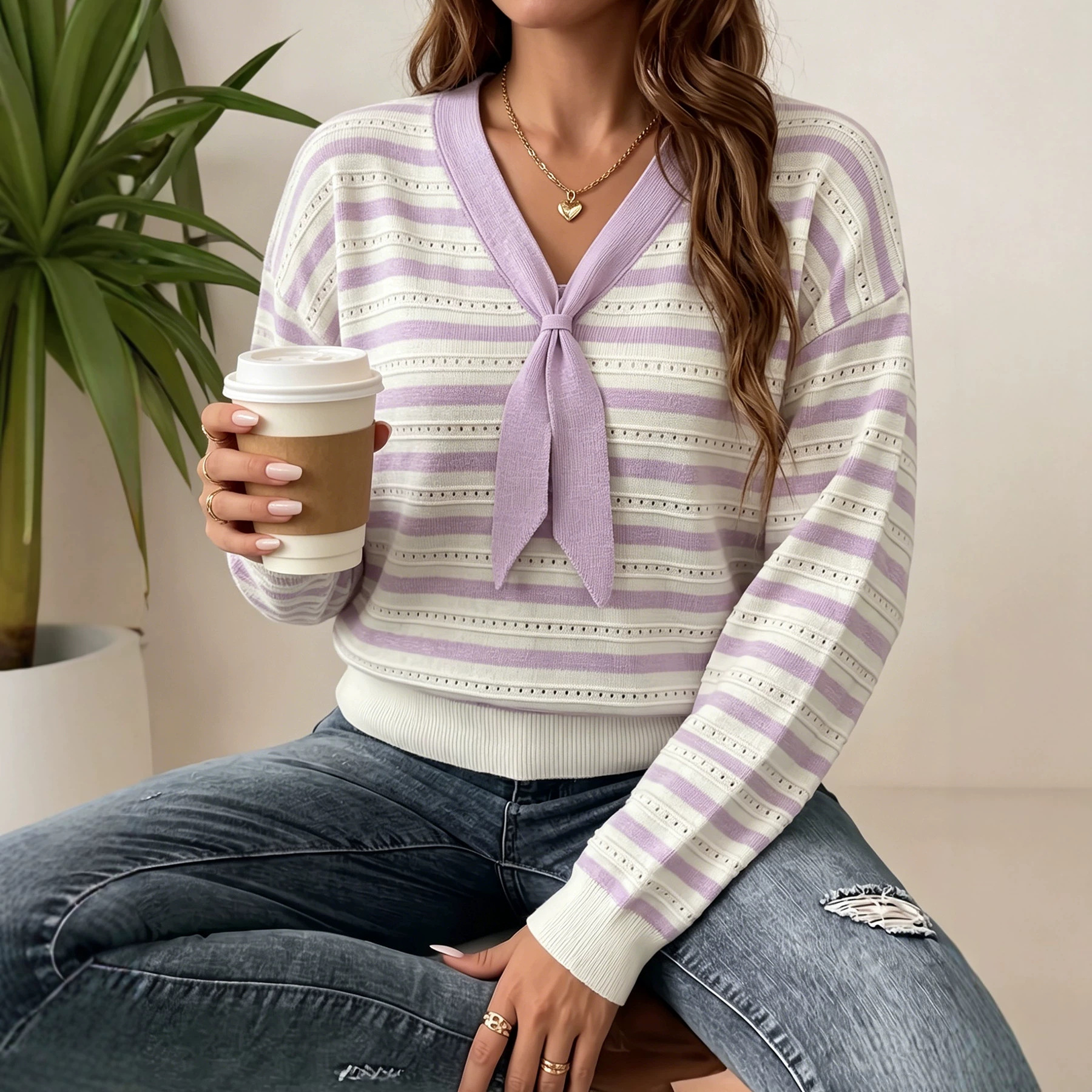 Lightweight Breathable Long-Sleeve Knit Pullover with Color-Block Stripes and Cutout Tie-Waist