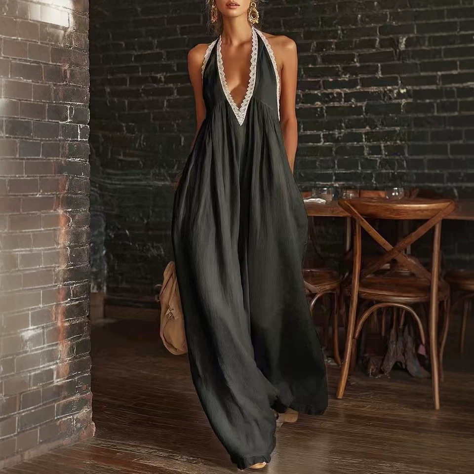 Women's Lace Trim Loose Linen Jumpsuit Casual Elegant Sleeveless