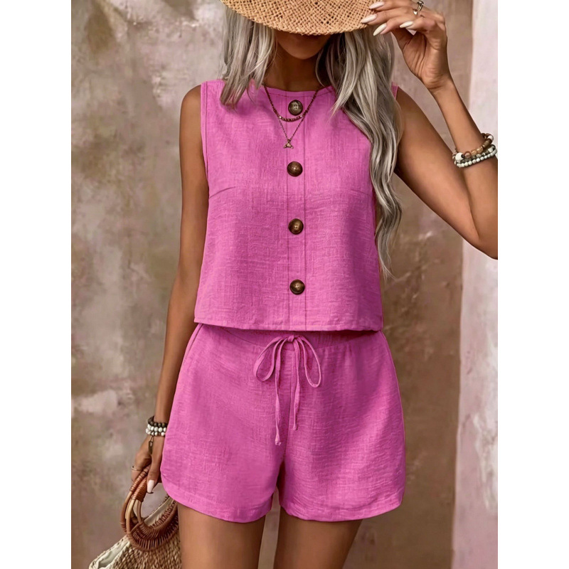 Women's Solid Color Button Sleeveless Vest and Shorts Set