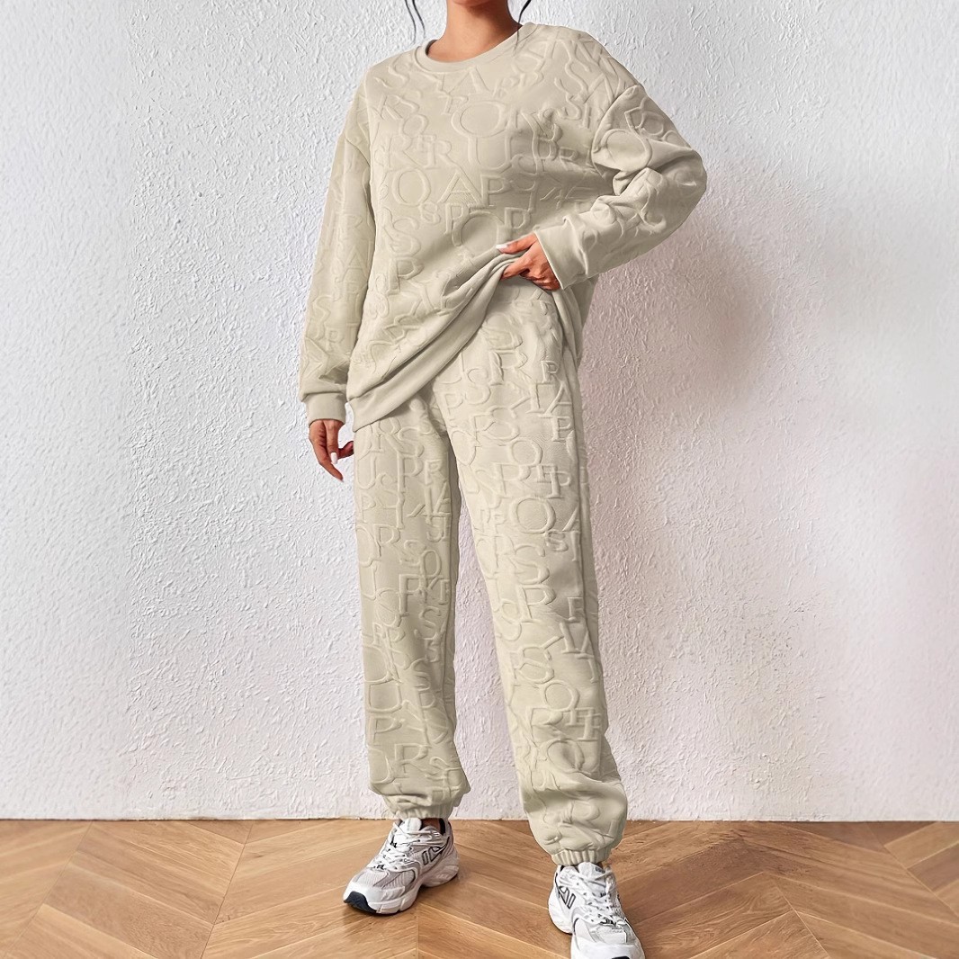 Women's Cable Knit Patchwork Long Sleeve Round Neck Top and Jogger Pants Two-Piece Set