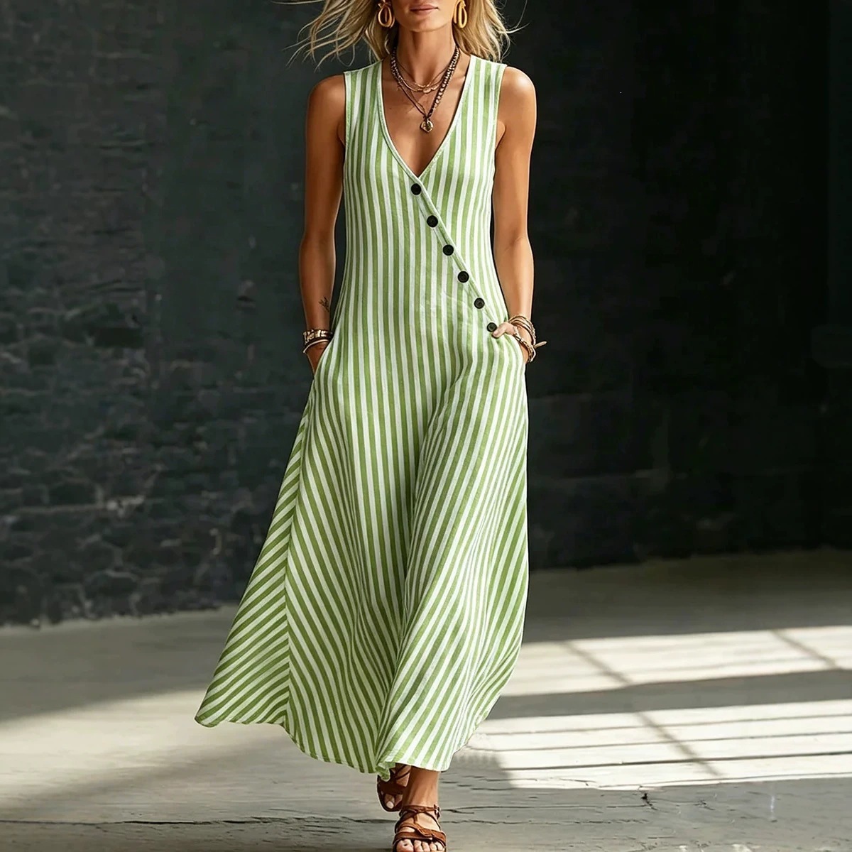 V-Neck Button-Front Striped Sleeveless Maxi Dress