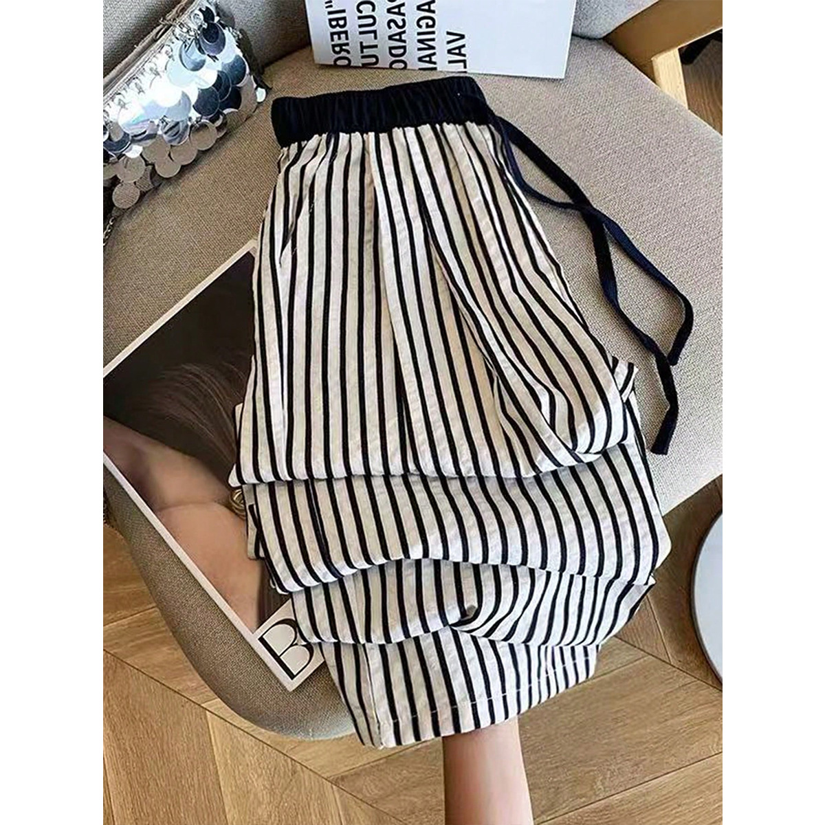 Textured Striped Wide-Leg High-Waist Pants