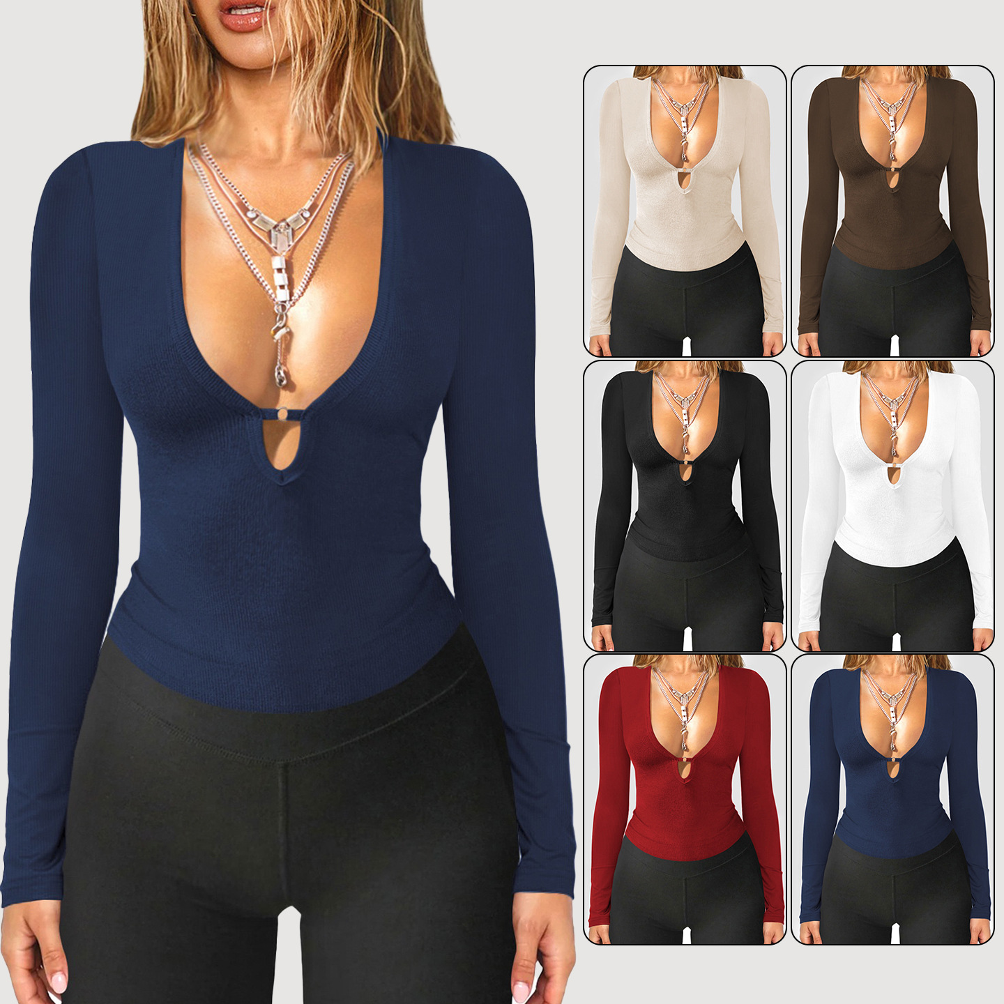 Deep V-Neck Cutout Long-Sleeve Slim Knit Top