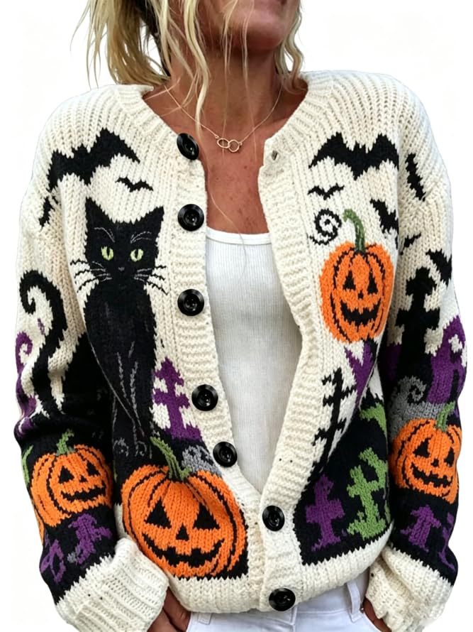Halloween Cat Pumpkin Castle Bat Print Women's Cardigan