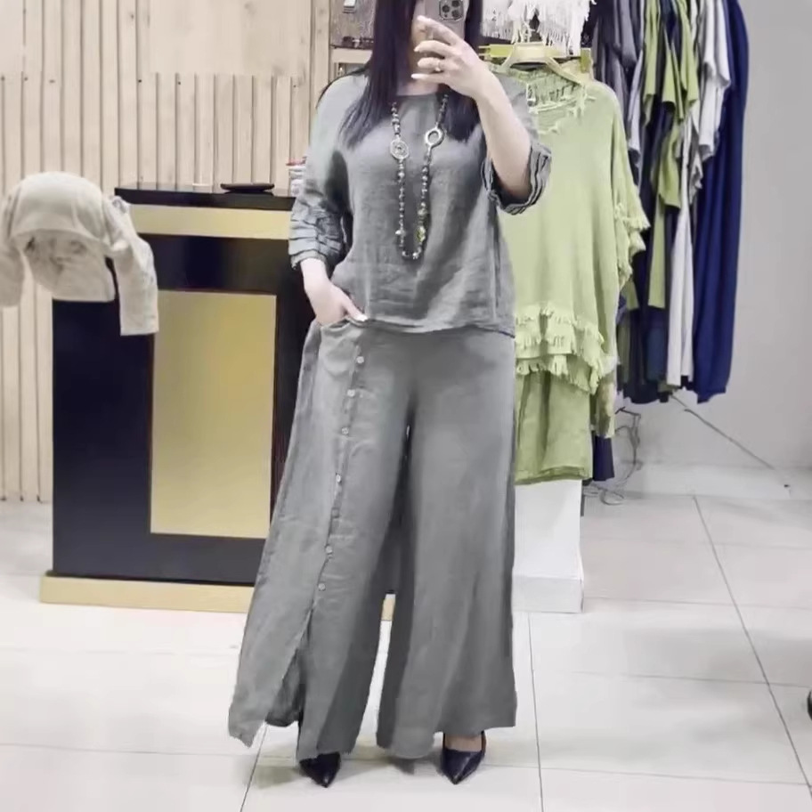 Women's Solid Color Loose Casual Three-Quarter Sleeve Top and Pants Set