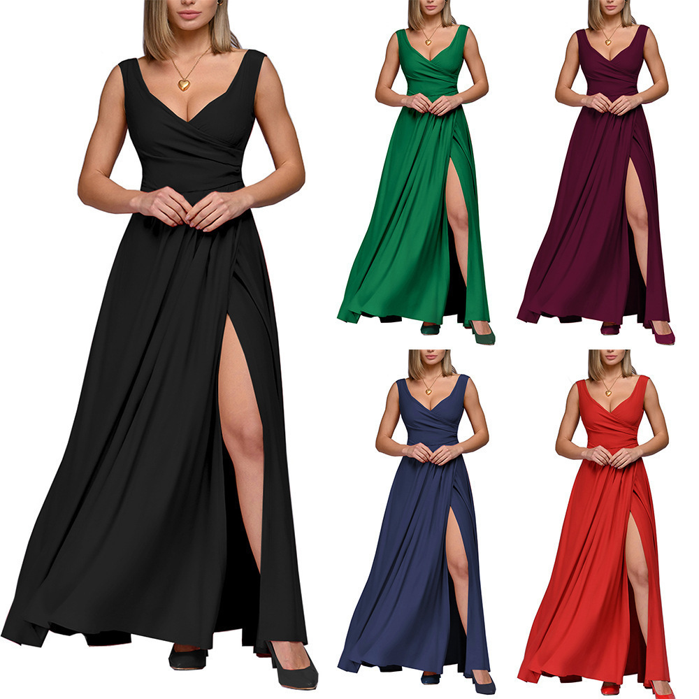 Summer Sleeveless Solid Color Waist-Cinched Long Dress